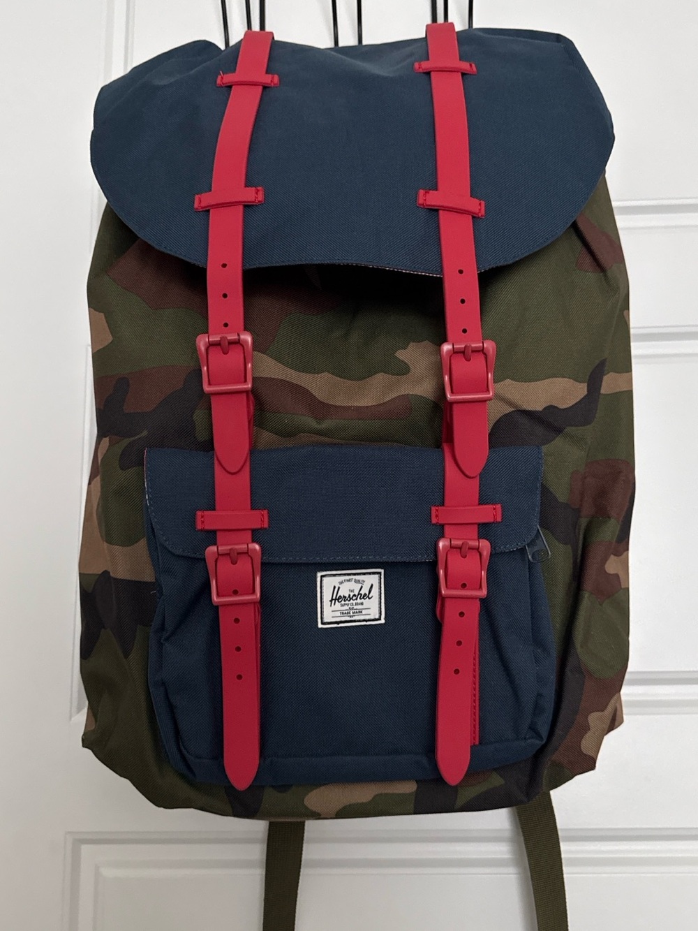 Little America Backpack - Camo & Navy with Red Straps